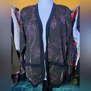 Black vintage shimmery kimono sweater with purple and gold flower design